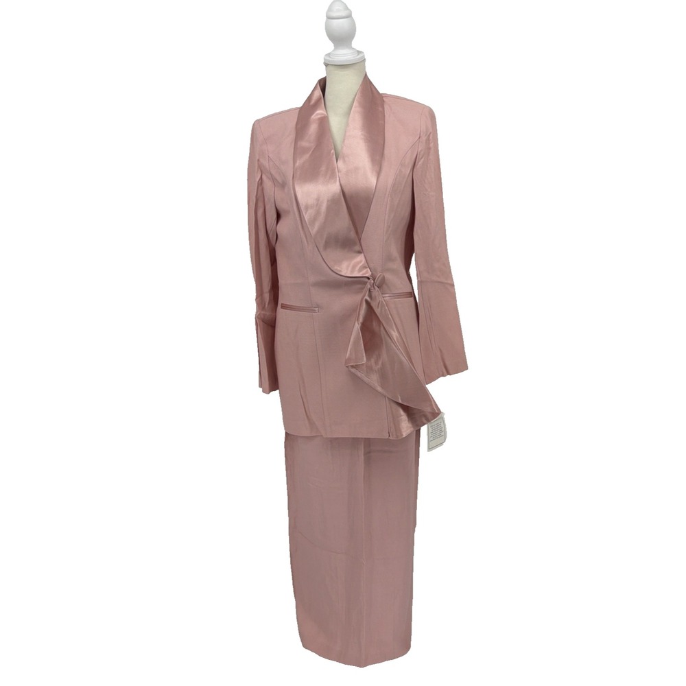 VTG Lew Magram Pink Skirt Suit NWT 8 Satin Lapel Draped Bow Blazer Midi 80s 90s